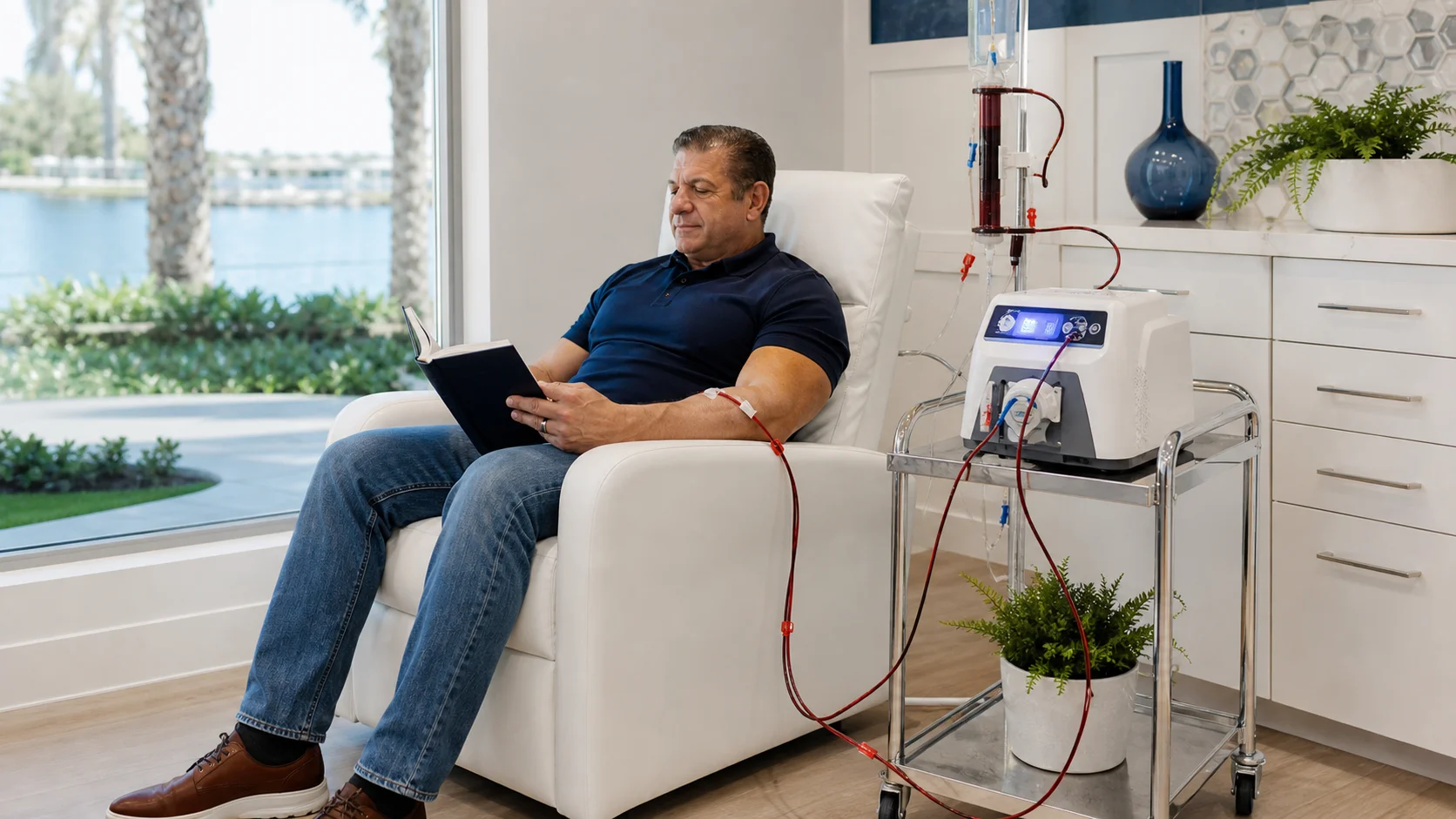 Patient receiving Cellular Plasma Recharge blood-oxygenation therapy in a treatment chair at AgeRejuvenation in Tampa, FL